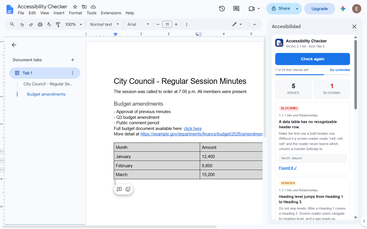 After clicking Take me there, the budget table in the document is selected and
                  highlighted, and the sidebar link now reads Found it.