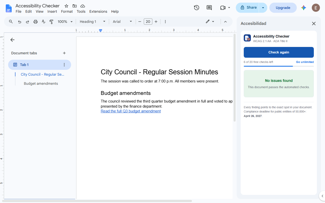 The same document after the fixes, with a green panel in the sidebar reading
                  No issues found, this document passes the automated checks.